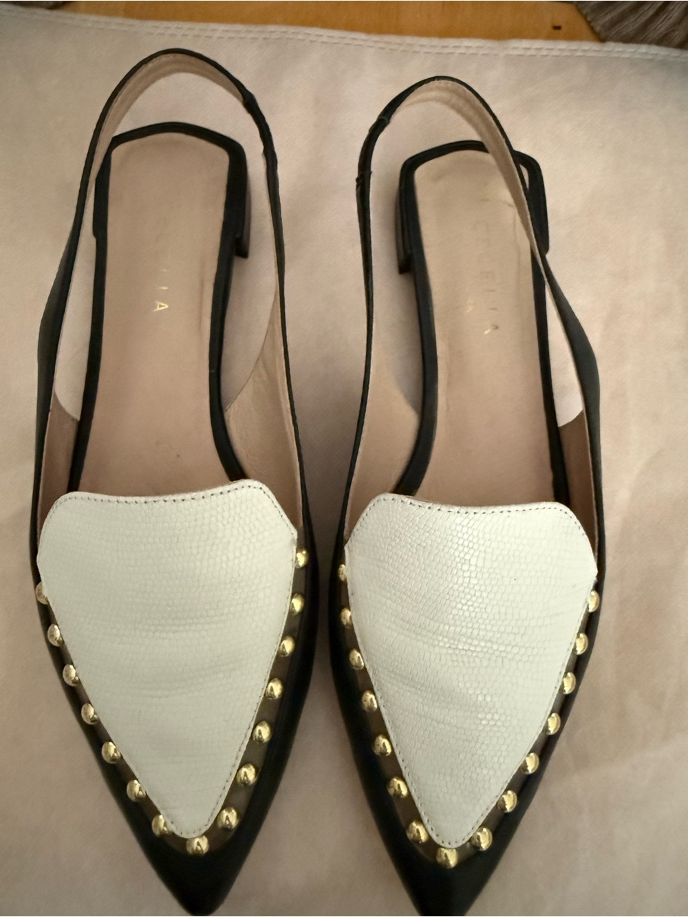 CECELIA NEW YORK Black Slingback Flats with White Textured Vamps & Gold Studs